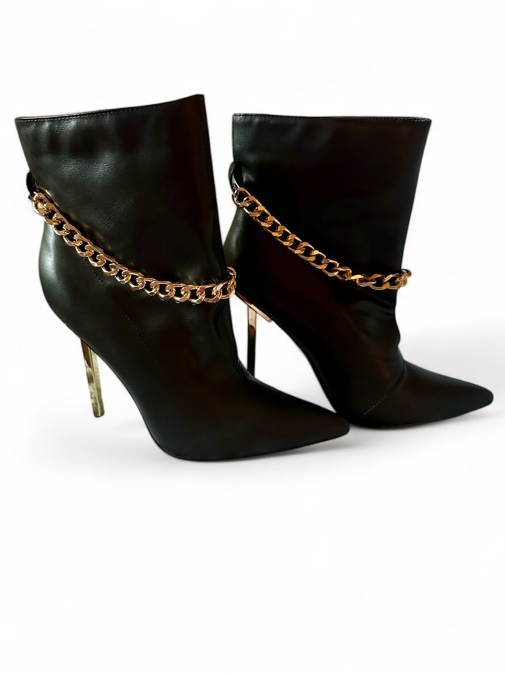 Black Pointed Toe Gold Stiletto Ankle Boots with Removable Gold Chain